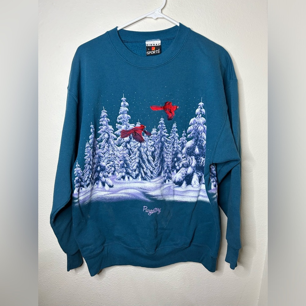 Vtg Signal Sport All Over Print Purgatory Colorado Sweater Dark Green Sz Large
